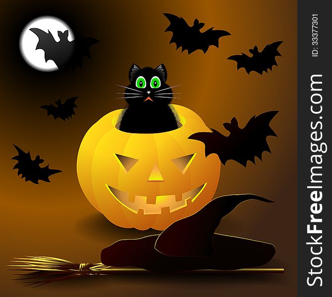 Illustration of cat in Halloween pumpkin, hat, broom, and bats. Illustration of cat in Halloween pumpkin, hat, broom, and bats