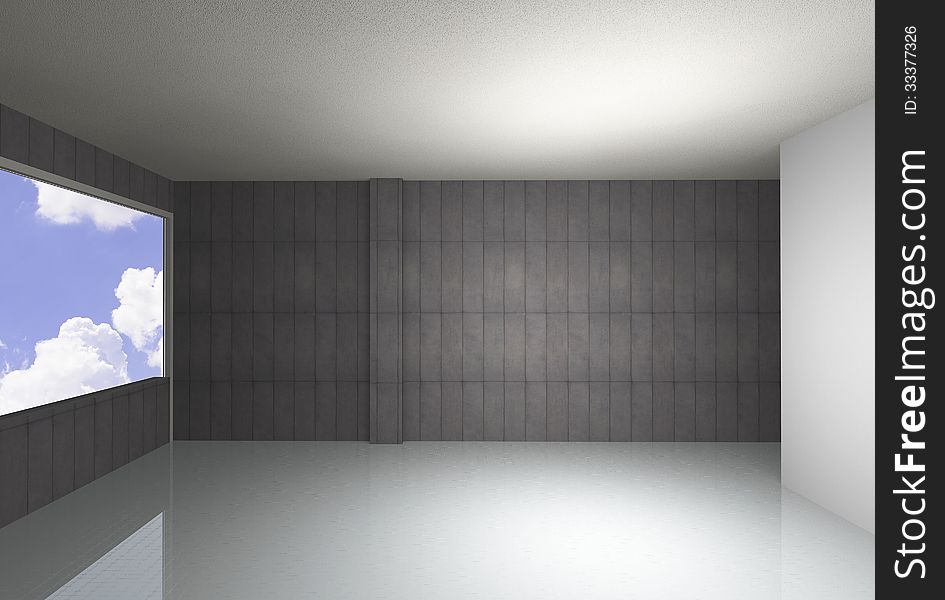 Empty room, bare concrete wall and reflecting floor, blue sky background