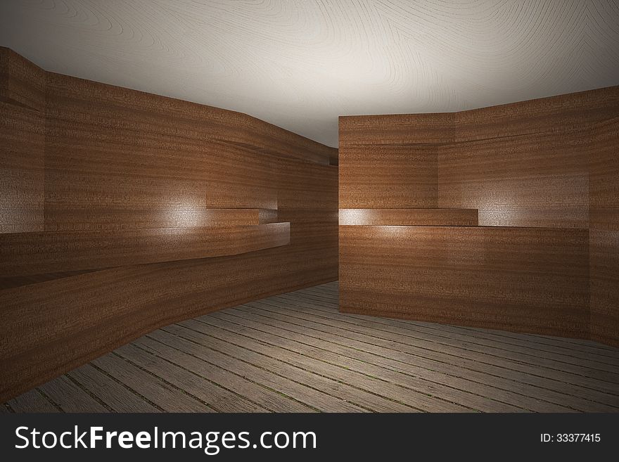 Futuristic interior with wooden wall and plank wood floor