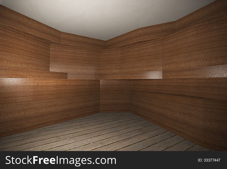 Interior with wooden veneer wall  and plank wood floor