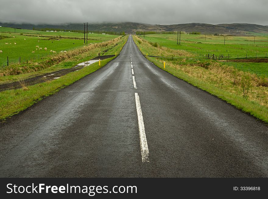 Icelandic road through farms in light rain