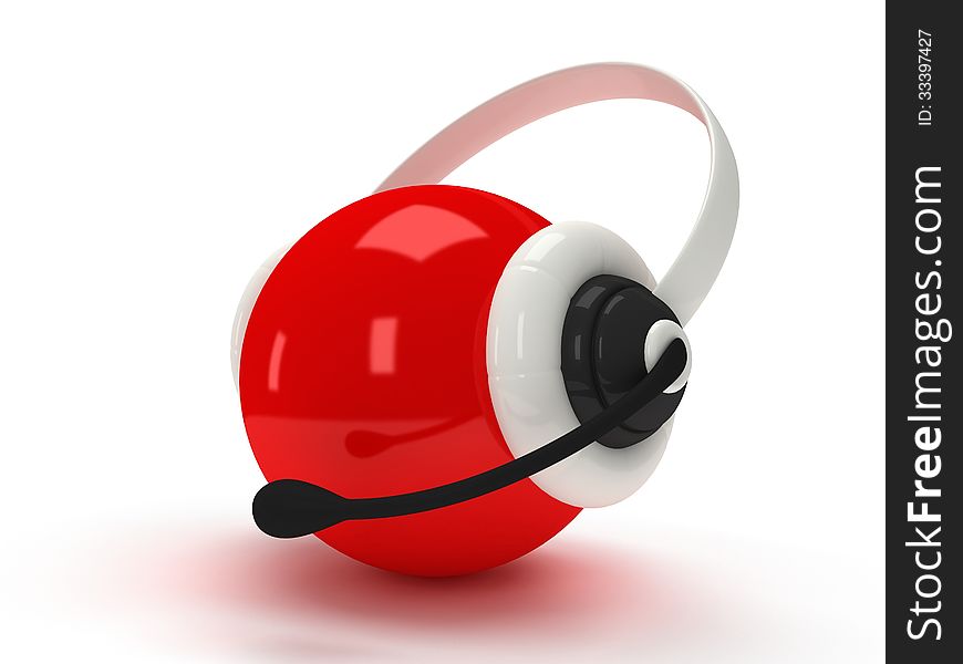 3d shiny red orb with headset over white. 3d shiny red orb with headset over white
