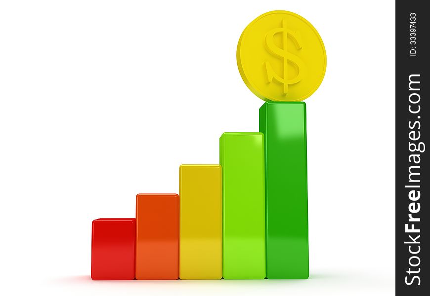 3d colored bar graph with dollar coin on white