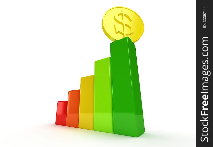 Colored bar graph with dollar coin