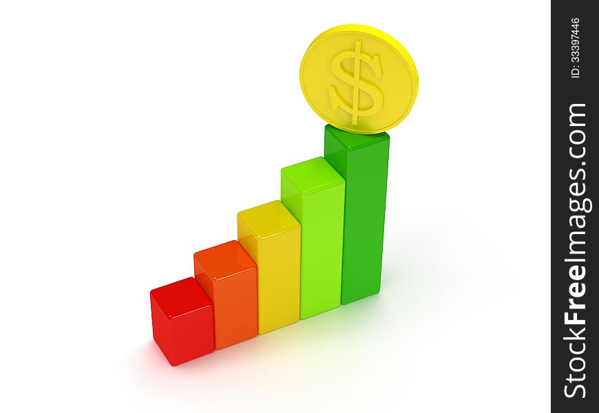 3d colored bar graph with dollar coin on white