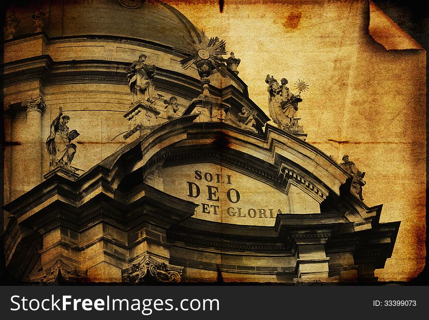 Facade of the Dominican church in the old part of Lviv. Under the dome of the church is a quotation in Latin from the first letter to Timothy: Soli Deo honor et gloria (One God honor and praise). Facade of the Dominican church in the old part of Lviv. Under the dome of the church is a quotation in Latin from the first letter to Timothy: Soli Deo honor et gloria (One God honor and praise).