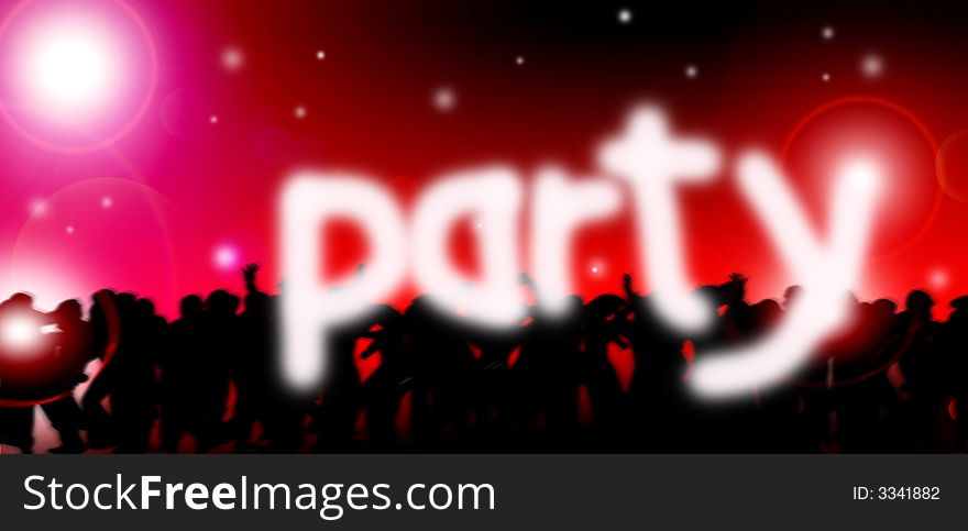 Description: A computer generated image showing people at a dance party with a coloured flare spotlights background and the word party sprayed over the top in white letters. Description: A computer generated image showing people at a dance party with a coloured flare spotlights background and the word party sprayed over the top in white letters