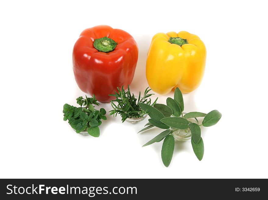 Red and yellow peppers plus other cooking ingredients. Red and yellow peppers plus other cooking ingredients.