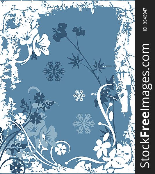 Winter holiday background with snowflakes, floral, and grunge details. Vector illustration in blue and white colors. Winter holiday background with snowflakes, floral, and grunge details. Vector illustration in blue and white colors.