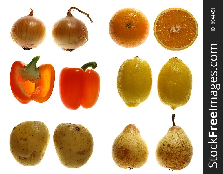 Two halves of - onion, orange, red pepper, lemon, potato and pear, Isolated on white. Two halves of - onion, orange, red pepper, lemon, potato and pear, Isolated on white.