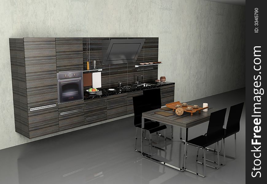 The modern kitchen interior design (3D rendering)