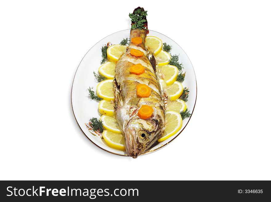 Baked fish isolated over white