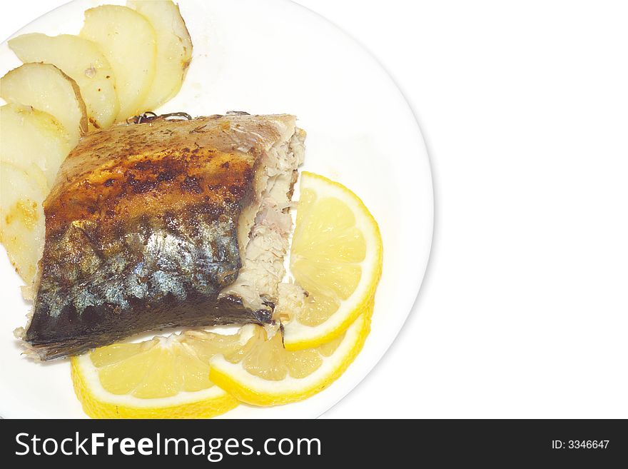 Baked fish isolated over white