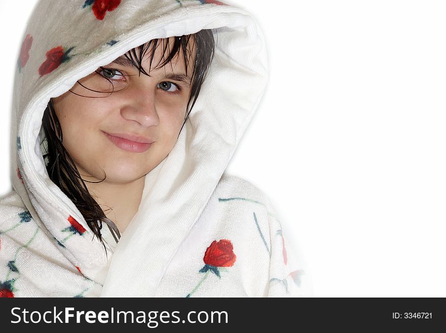 Pretty young girl in a bathrobe, isolated. Pretty young girl in a bathrobe, isolated