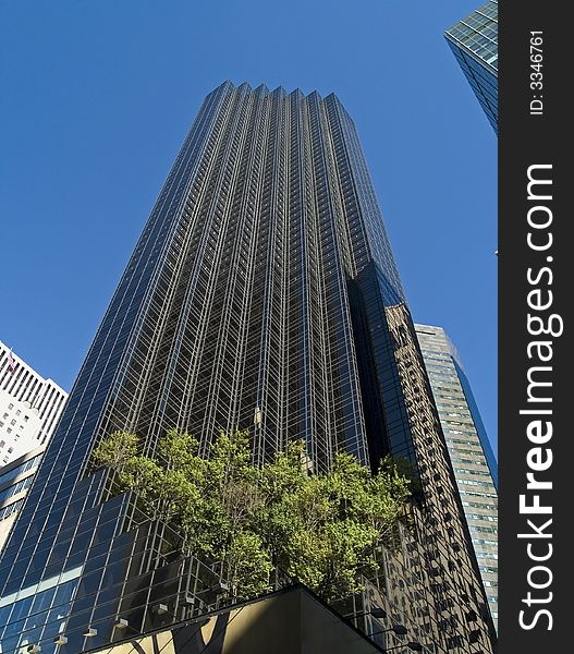 A modern tall building in Manhattan with trees planted on the lower levels. A modern tall building in Manhattan with trees planted on the lower levels.
