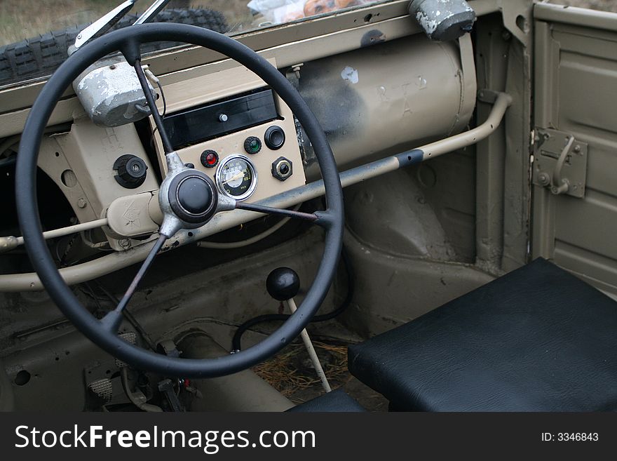 Old, vintage off - road car cockpit