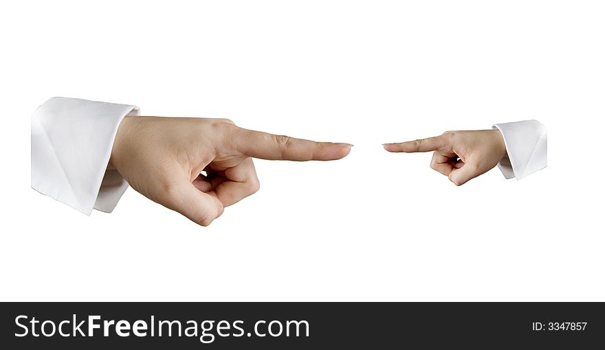 Big and small human hands pointing at each other. Big and small human hands pointing at each other