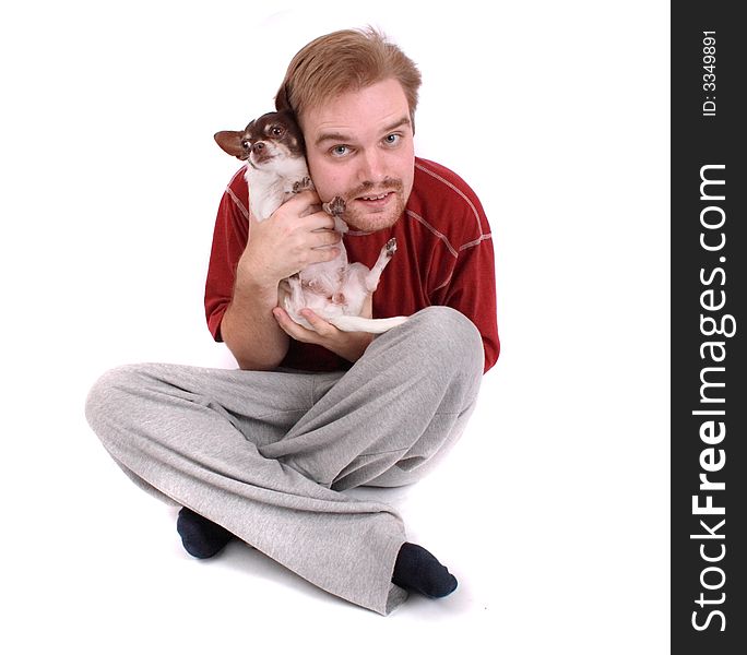 Man and his cute chihuahua on the white background. Man and his cute chihuahua on the white background
