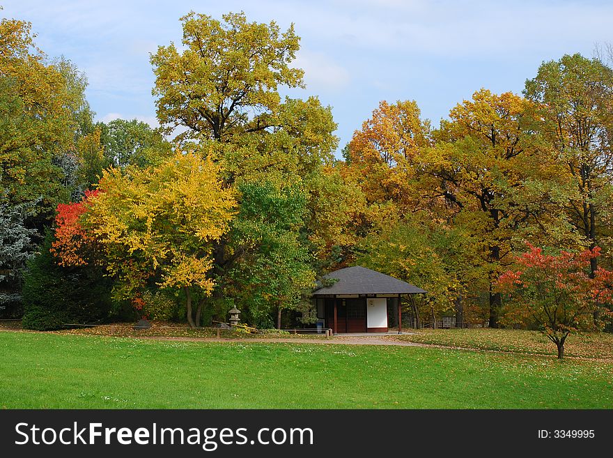 Autumn japanese garden with house