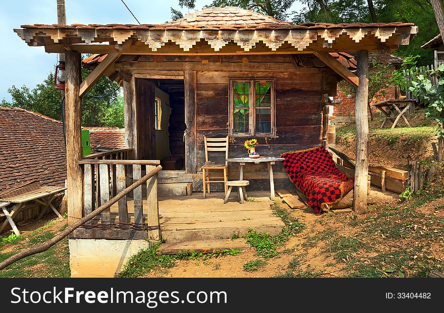 Wooden house in forest, house made of natural materials.