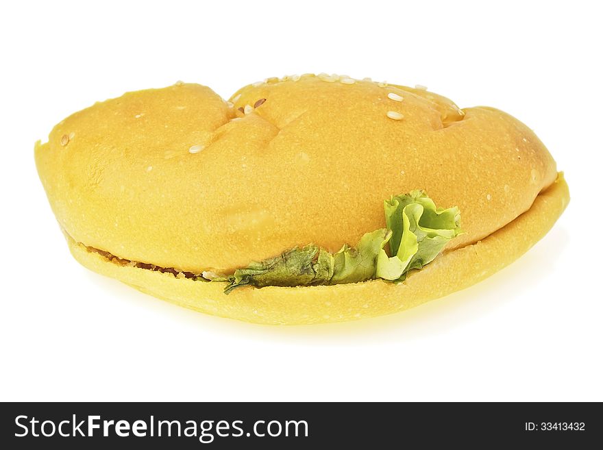 Rest side of bolona burger bun after eating on white background. Rest side of bolona burger bun after eating on white background