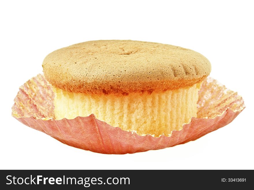 Sponge cake on flat paper cup on white background. Sponge cake on flat paper cup on white background