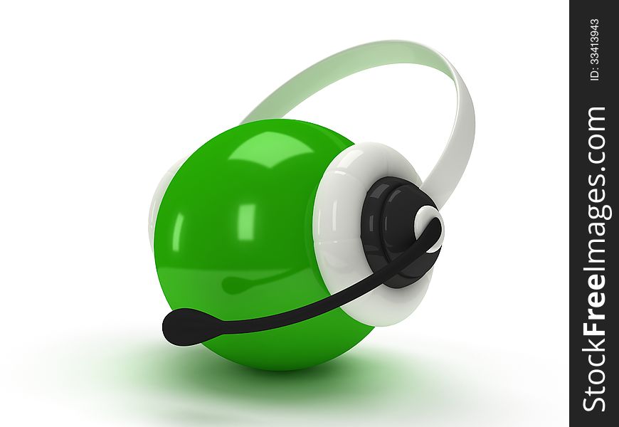 3d shiny green orb with headset over white. 3d shiny green orb with headset over white