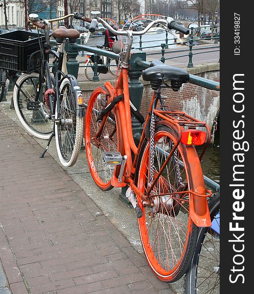 Orange Bike At Keizersgracht, Amsterdam, Holland