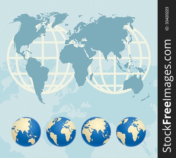 Map of the World and globes. Map source (public domain):