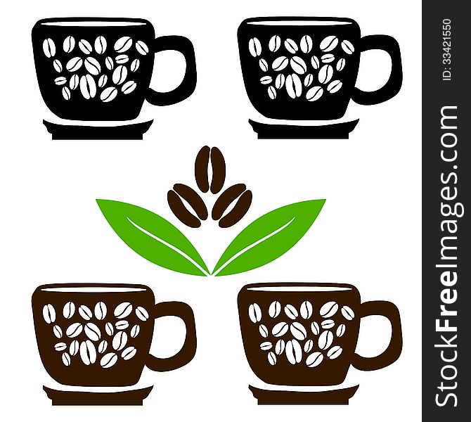 Cups of coffee with beans and leaves. Vector illustration
