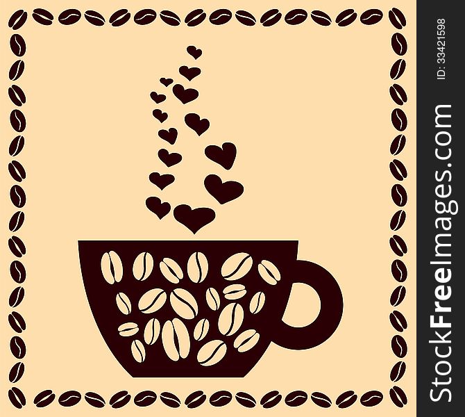 Cup of coffee with hearts and beans. vector illustration