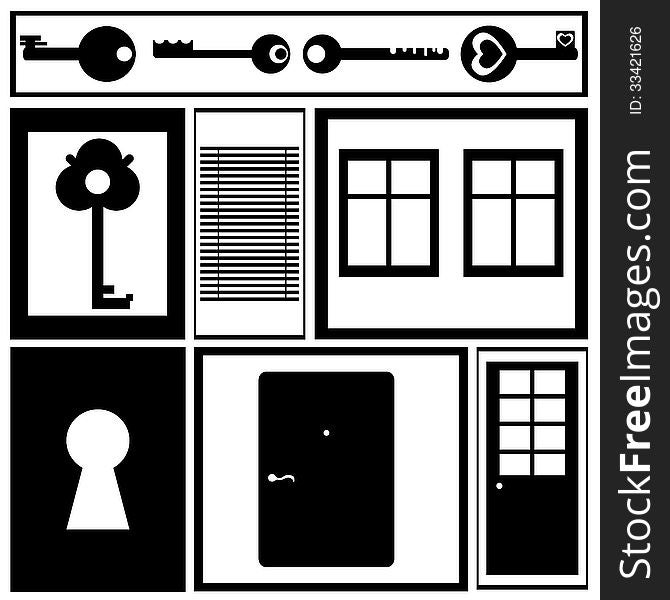 Keys, doors and windows. Vector illustration