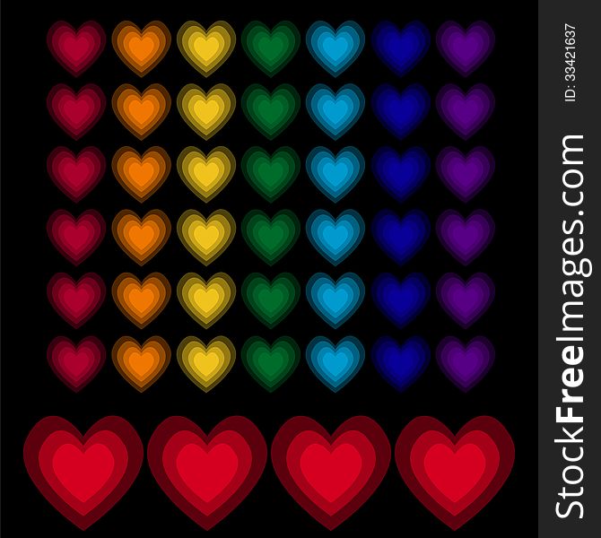 Rainbow hearts on black background. Vector illustration