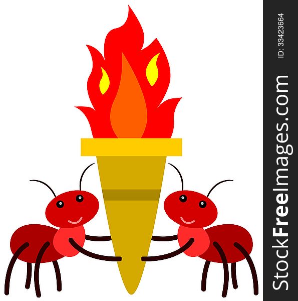 A cartoon illustration of ants carrying a torch. A cartoon illustration of ants carrying a torch