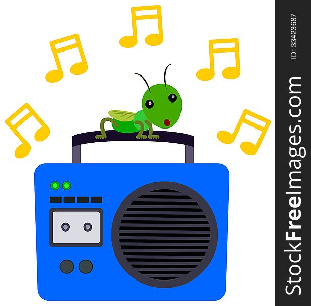 A cricket on top of a radio and listening to music. A cricket on top of a radio and listening to music