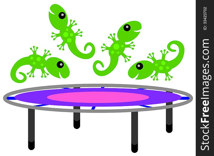 A group of lizards playing and jumping on a trampoline. A group of lizards playing and jumping on a trampoline