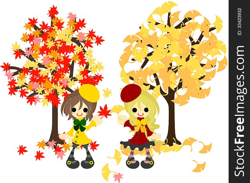 The tree of maple and the tree of ginkgo, and the girl of two. The tree of maple and the tree of ginkgo, and the girl of two.