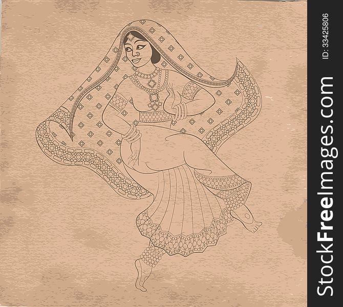 Indian woman dancer dancing on old paper