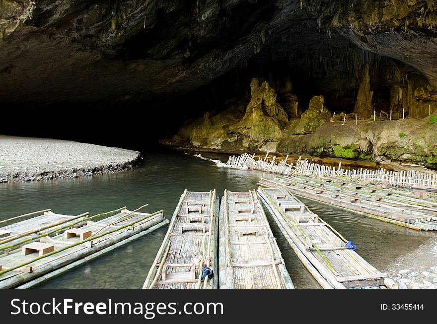 Small bamboo raft use to travel in the cave