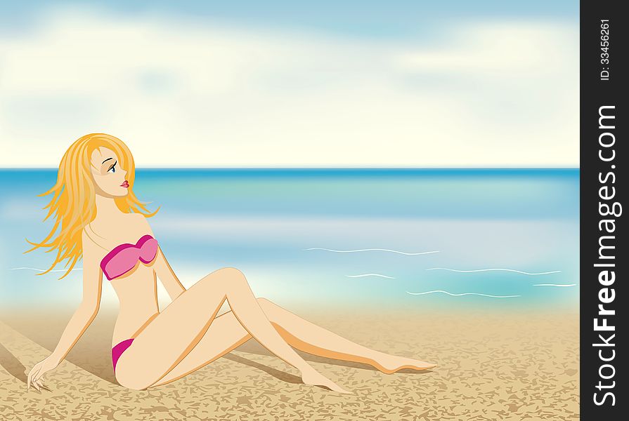 Beautiful girl sitting on the beach in a bathing suit. Beautiful girl sitting on the beach in a bathing suit