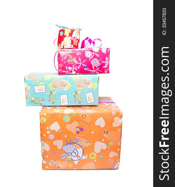 Pile of colorful gifts box on white background. Pile of colorful gifts box on white background