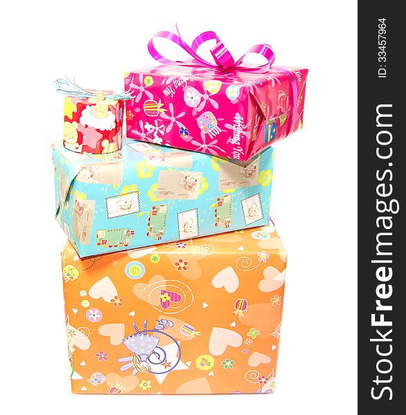 Pile of colorful gifts box on white background. Pile of colorful gifts box on white background