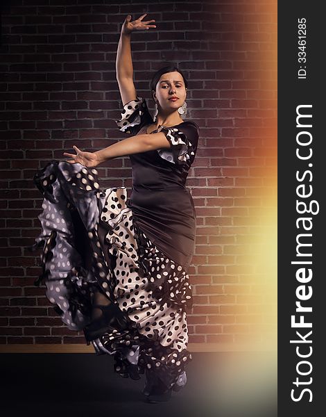 Young woman dancing flamenco over red brick wall background. Young woman dancing flamenco over red brick wall background.