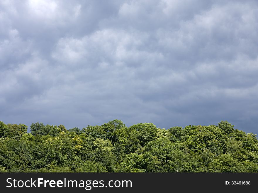 Dark cloudy sky over green trees. Dark cloudy sky over green trees