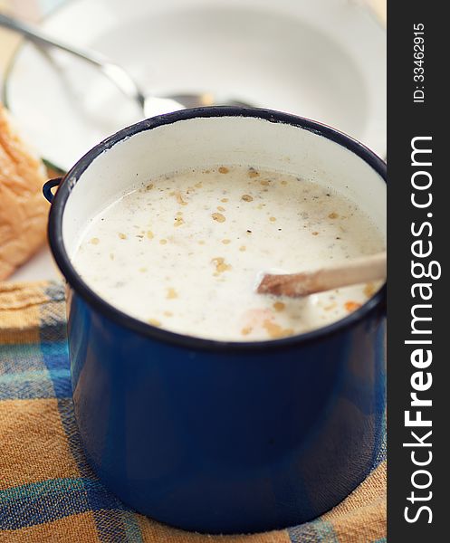 Rustic photo of chicken and leek soup