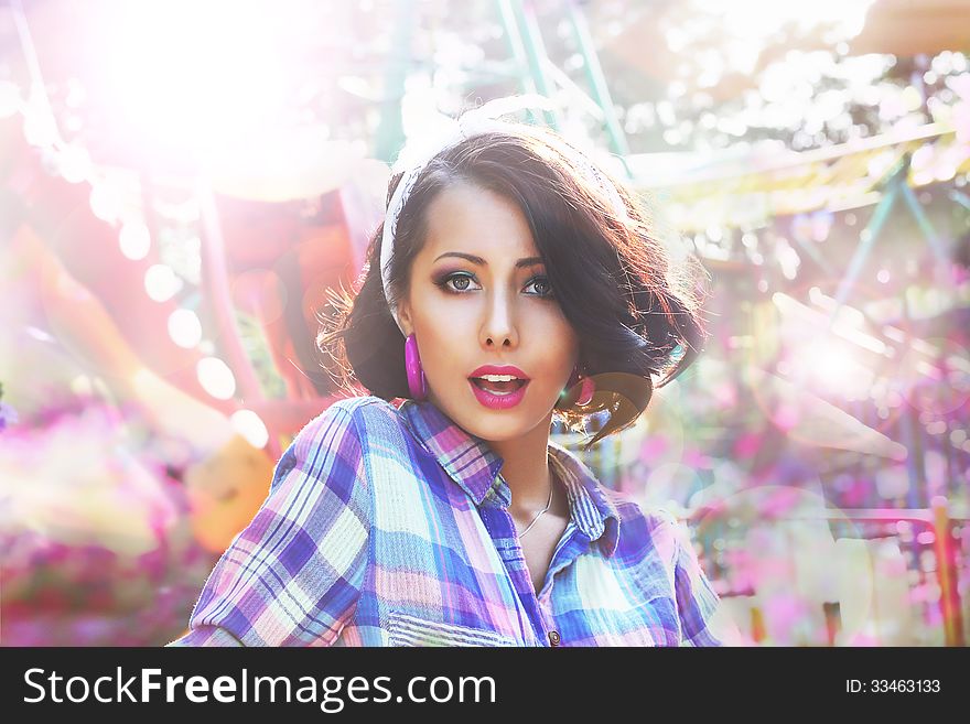 Excitement. Astonished And Amazed Woman S Face In Bokeh