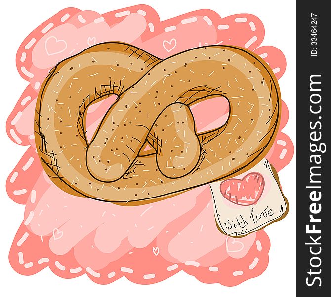 Greeting card with hand drawn pretzel and little note. Greeting card with hand drawn pretzel and little note