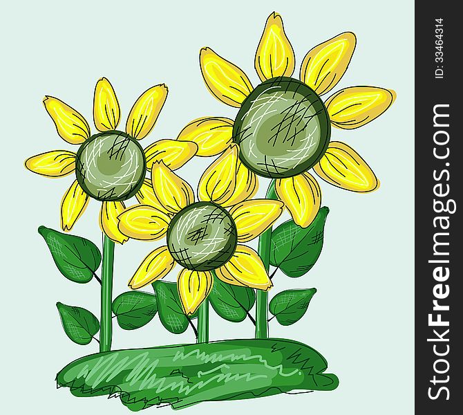 Sketch of group of three sunflowers with leaves