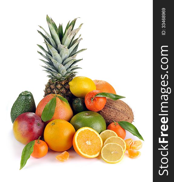Set of citrus and tropical fruits on white background