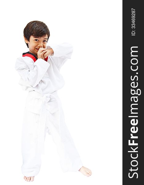 Little tae kwon do boy martial art white background